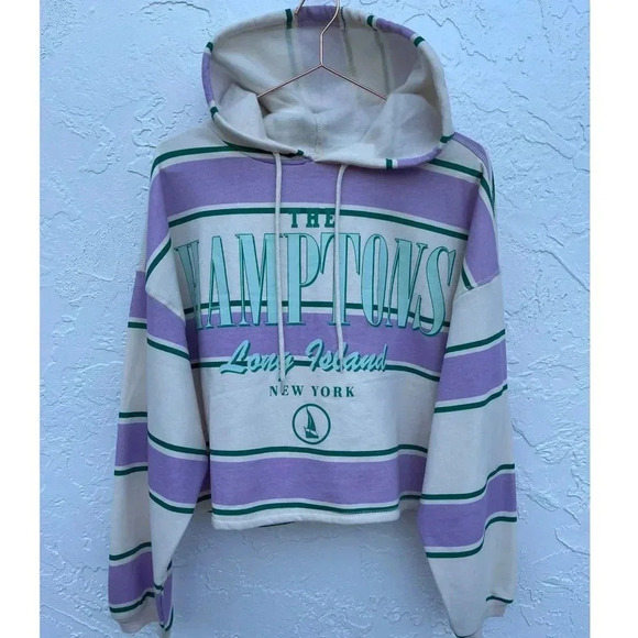 Public Library Womens Loose Fit Cropped Hoodie Sweatshirt White Purple Sz Small - Picture 1 of 7